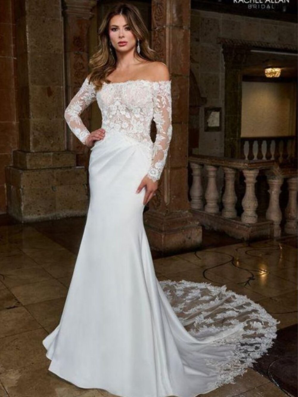 Clearance White Size 6 Off Shoulder Mermaid Wedding Gown by Rachel Allan RB3218